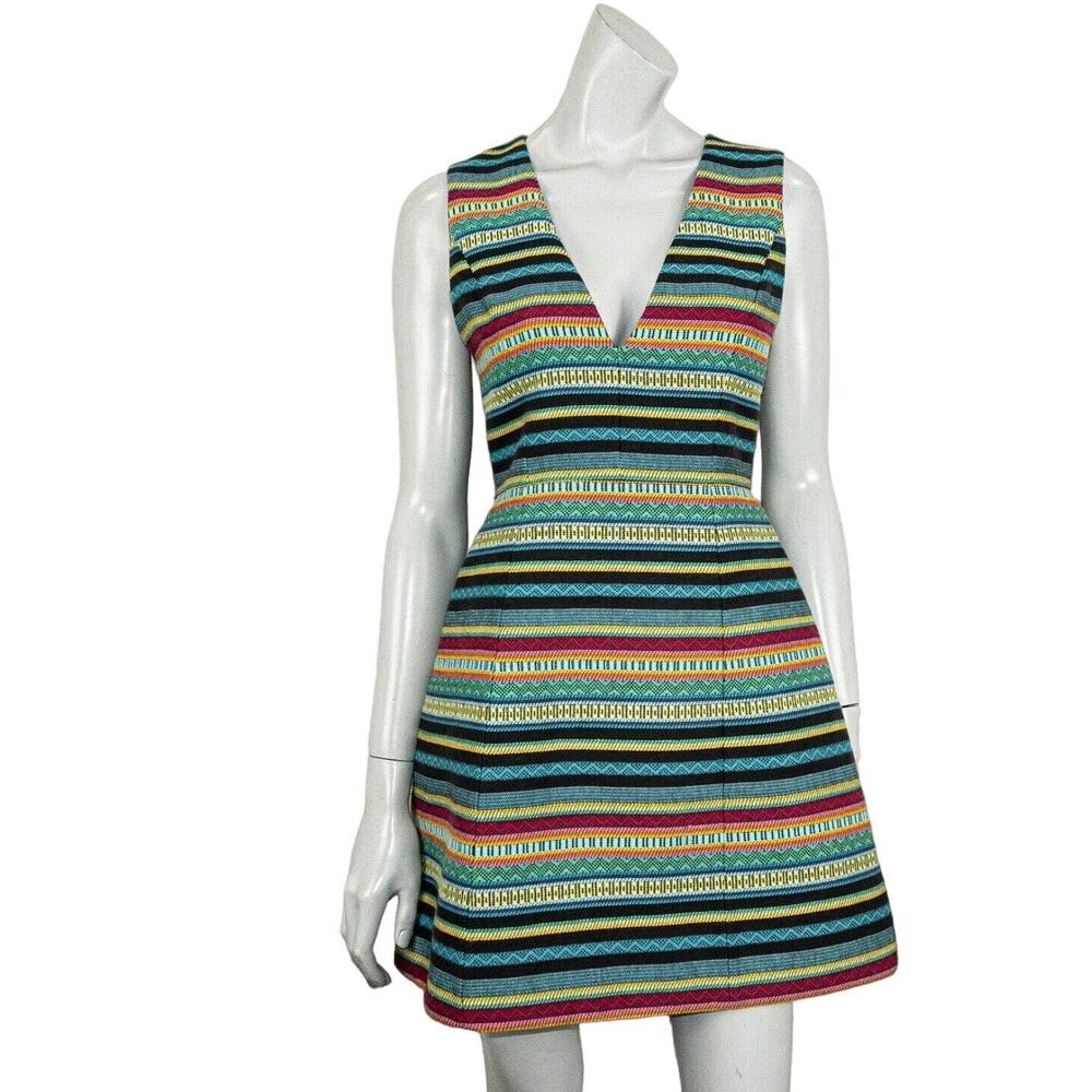 Alice & Olivia Women's Embroidered A-Line Dress Vneck Striped Size 4